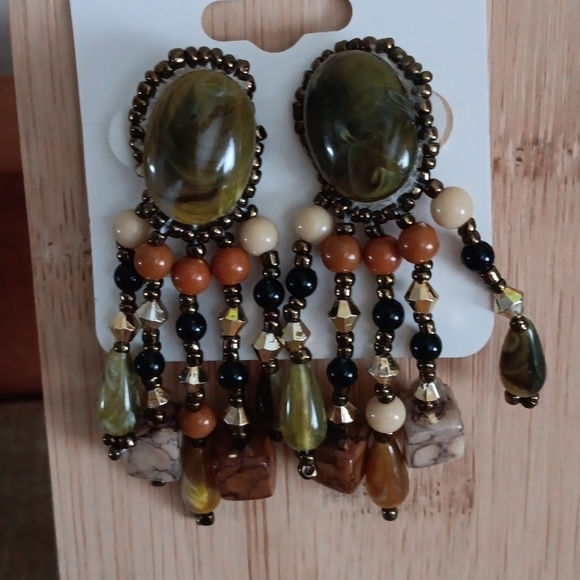 Hand Beaded Stitched Cabochon Dangle Earrings - Picture 5 of 6